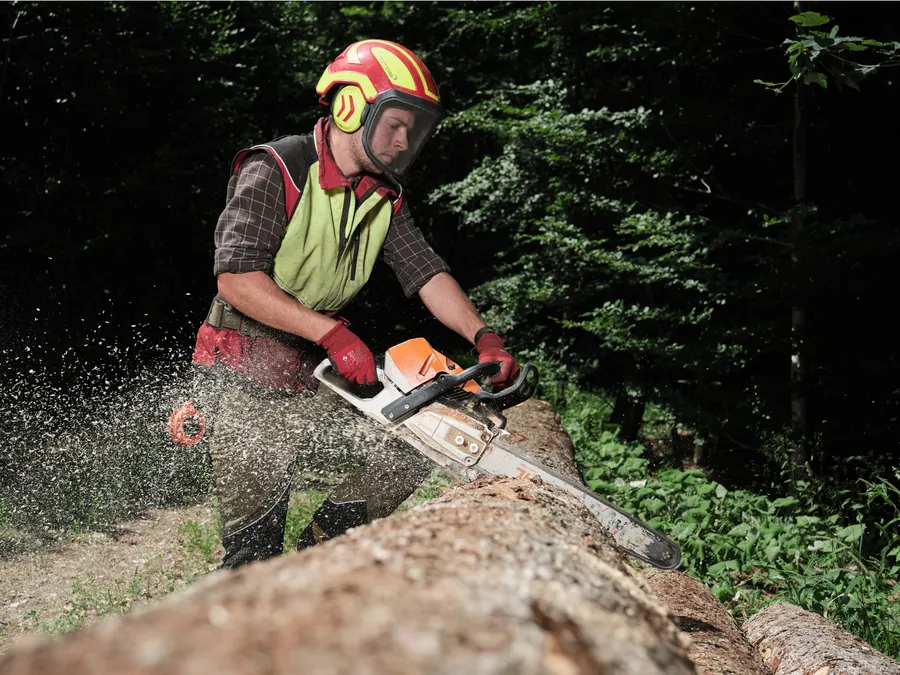 Forstarbeiter mit Motorsäge im Wald, Reportage für den Maschinenring